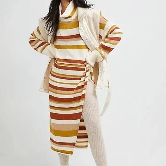 Free People Beach Atlas Pullover Turtleneck Sweater Dress Stripe Bronze Combo - Picture 5 of 9